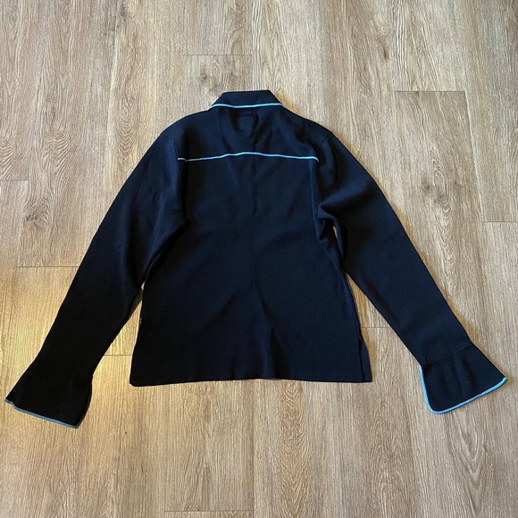 BCBG Cardigan Black Blue Trim Long Bell Vented Sleeve Knit Sweater Women's Large - Picture 2 of 5